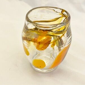 Vintage Art Glass Vase, Hand-Blown, 5" Clear With Yellow & Orange, EUC